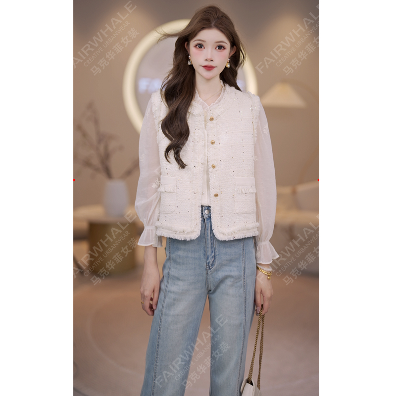 马克华菲女装秋季法式小香风直筒型圆领马夹马甲时尚设计感气质 X