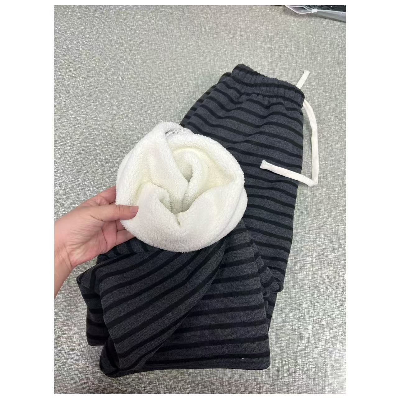 当当家-（加绒）女士百搭洋气加厚加绒条纹奶芙休闲直筒裤-608