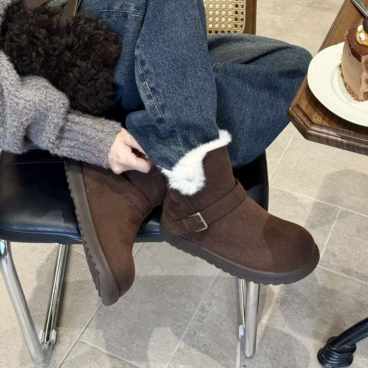 冬季新款加绒加厚厚底雪地靴女款百搭博肯短靴82-85