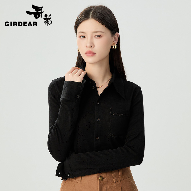GIRDEAR/哥弟修身纯色翻领衬衫轻职风美拉德风女士长袖1301044