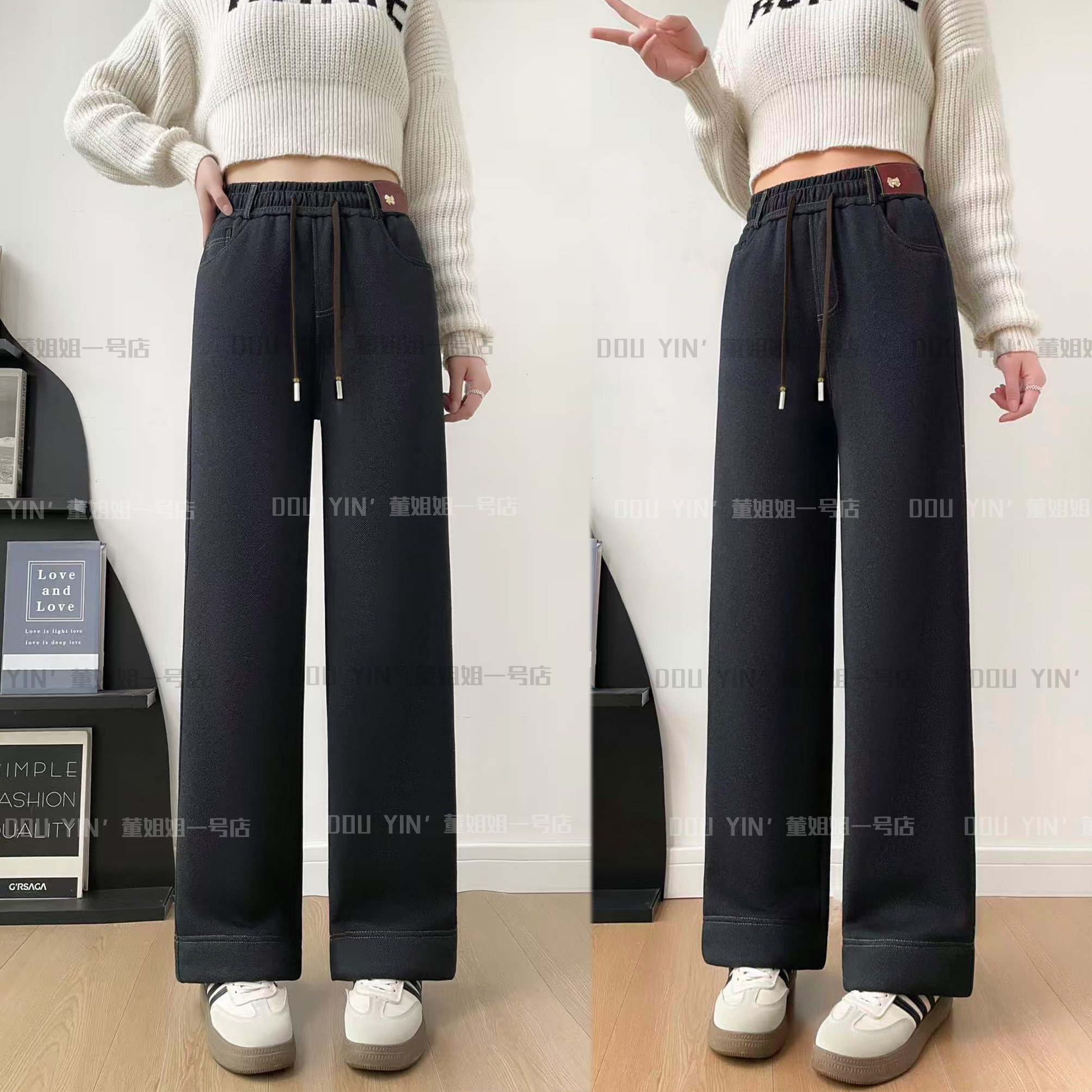 2609冬款时尚加厚加绒女士直筒牛仔裤