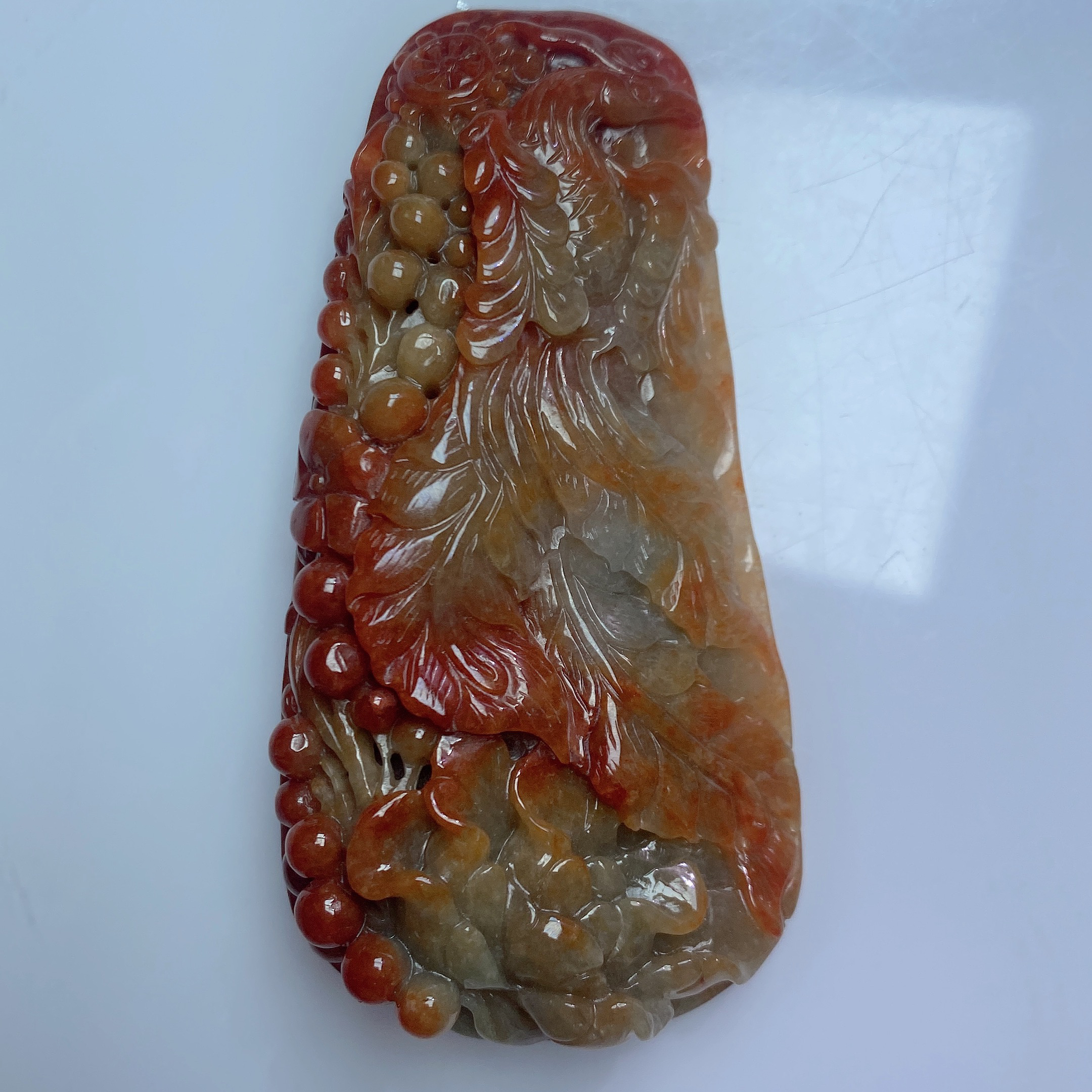翡翠满红精工厚装俏色巧雕凤凰花开富贵吊坠