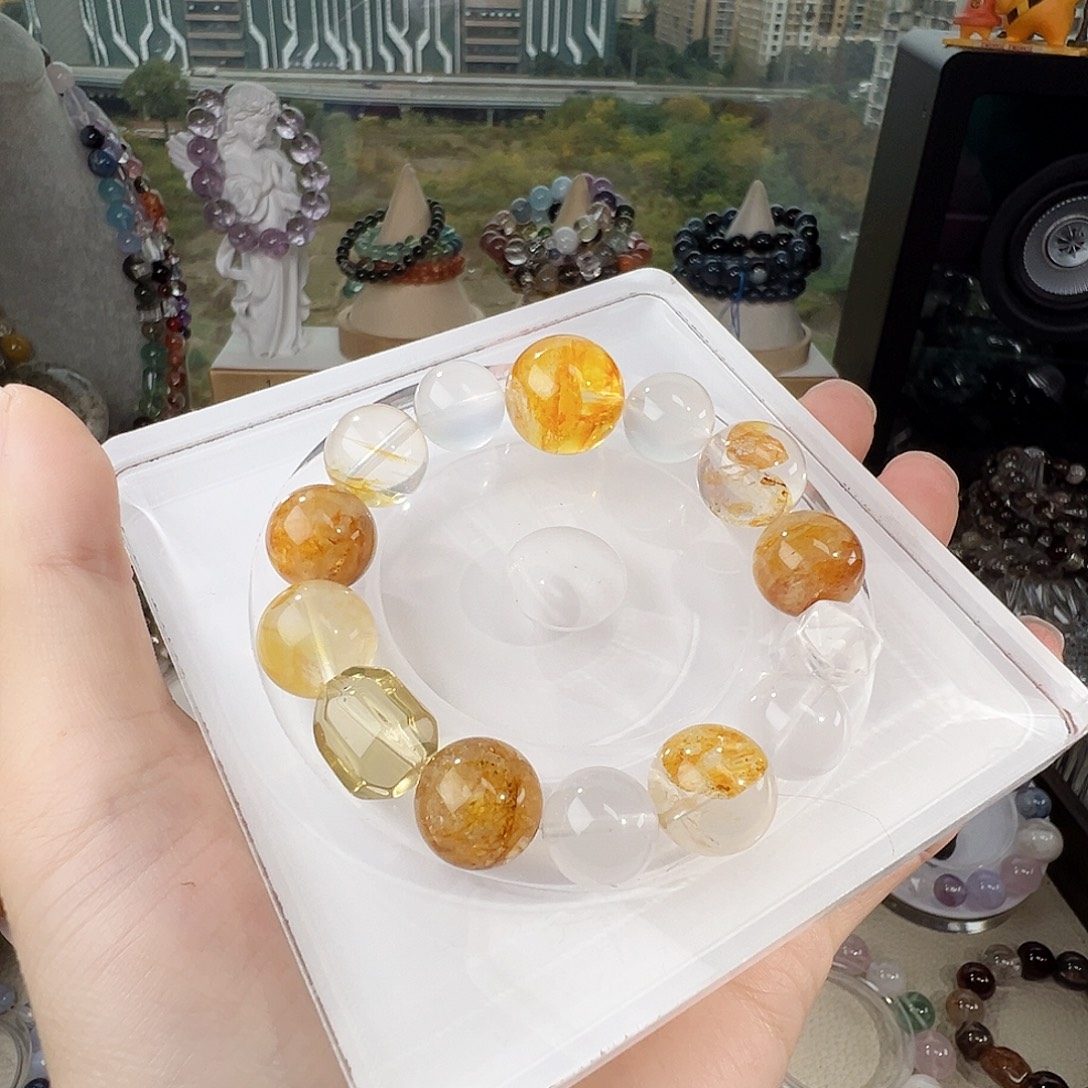 水晶未镶嵌手链黄胶花  奶白晶