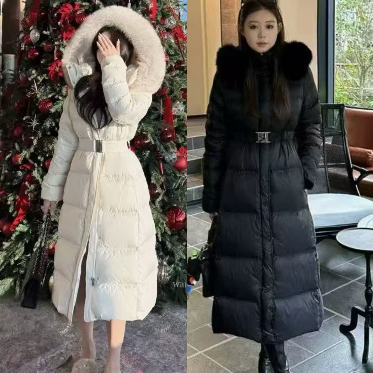 LL琳大码25新款韩版加厚收腰毛领棉服外套显瘦长款过膝连帽3389