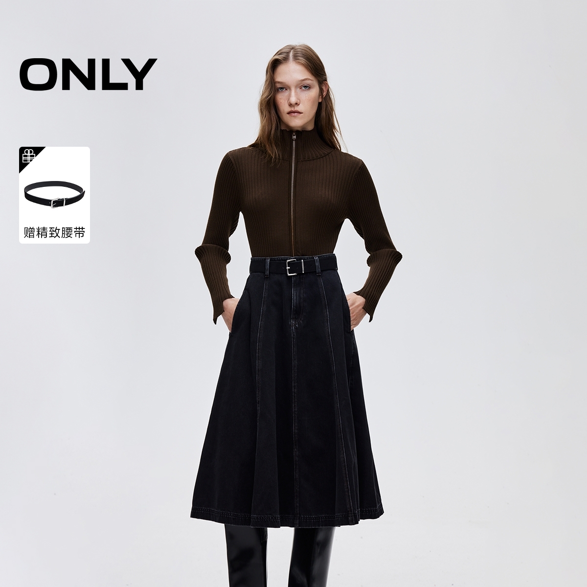 2026春季新款复古中长裙撞色针织拼接牛仔连衣裙女|126142018