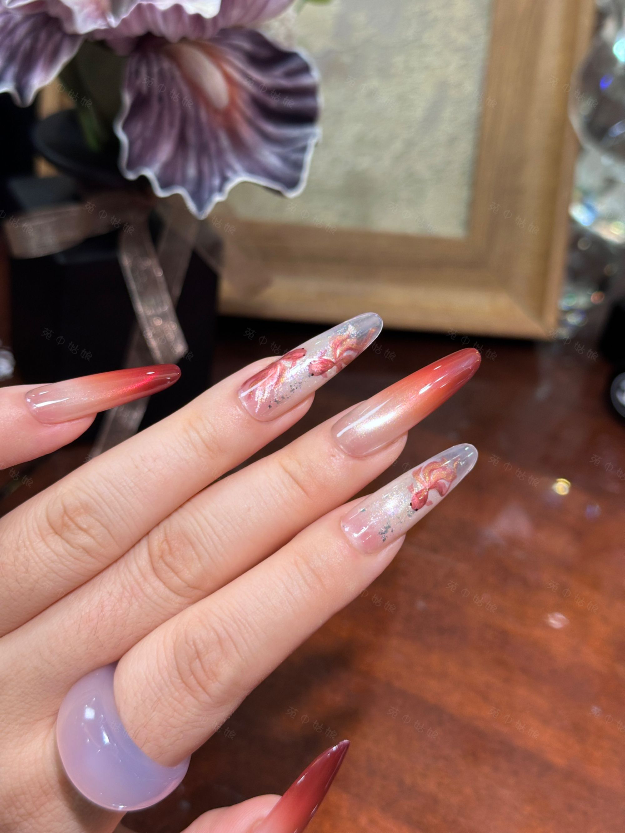 【小锦鲤】猫眼渐变手绘金鱼-气质温柔-秋天必备美甲-纯手工穿戴甲