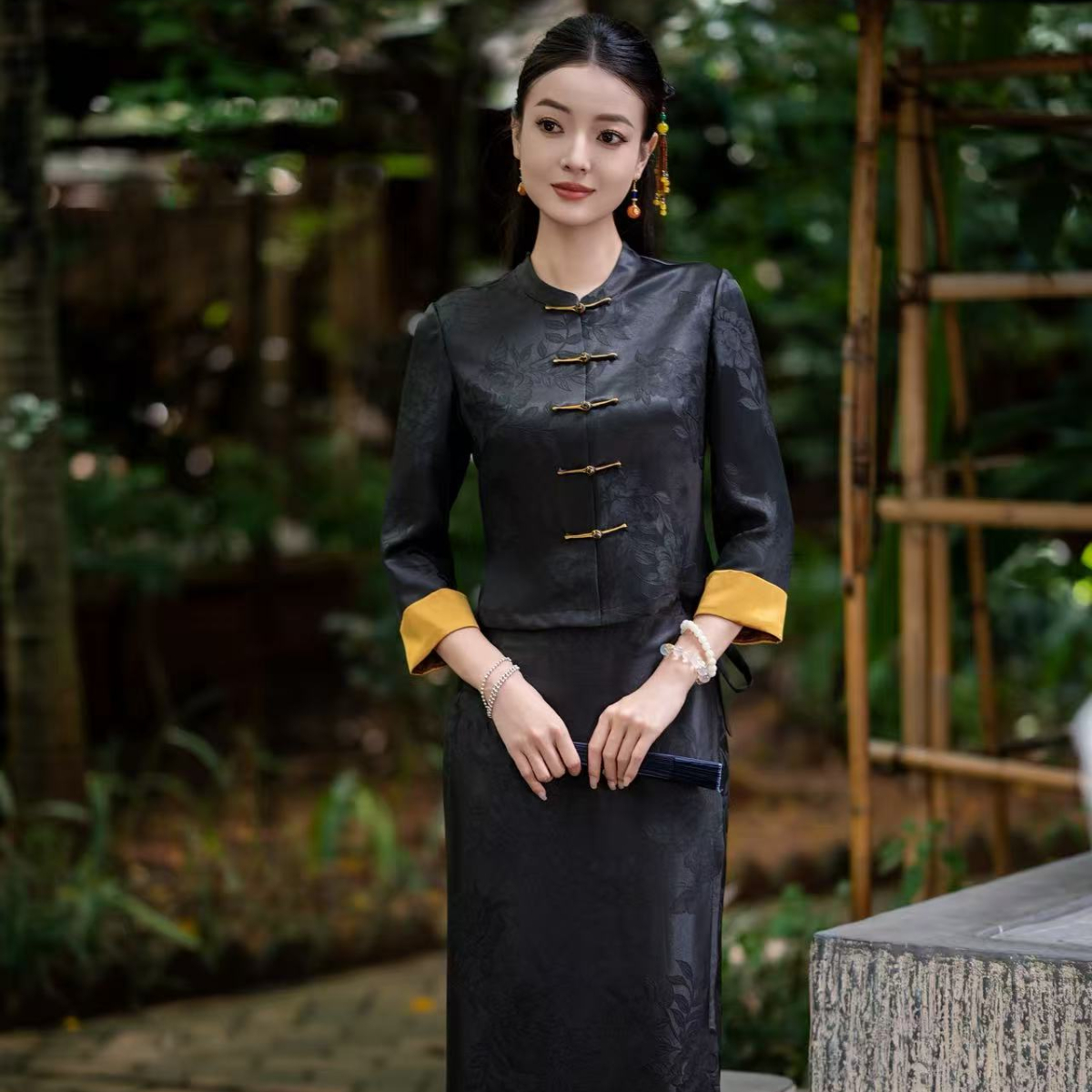 玉家人【勐秋】重磅40姆米真丝香云纱七分袖上衣套装秋冬黑色