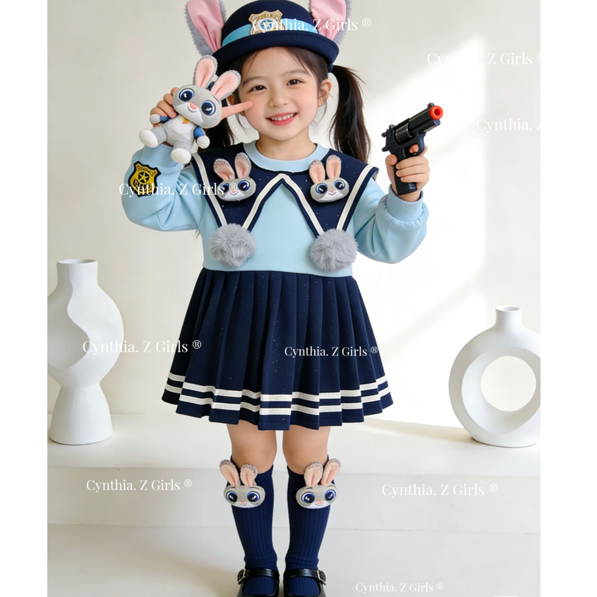 MN女童学院风兔子警官公主裙2025秋冬款朱迪亲子装女孩生日连衣裙