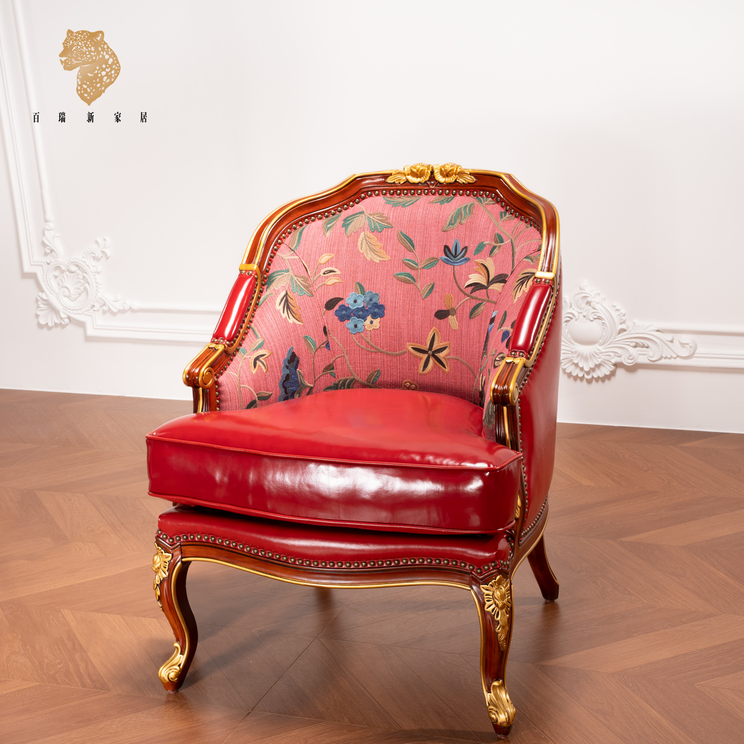 百瑞新美式乡村田园风单人沙发椅别墅客厅刺绣洽谈椅-RH-BRX1895