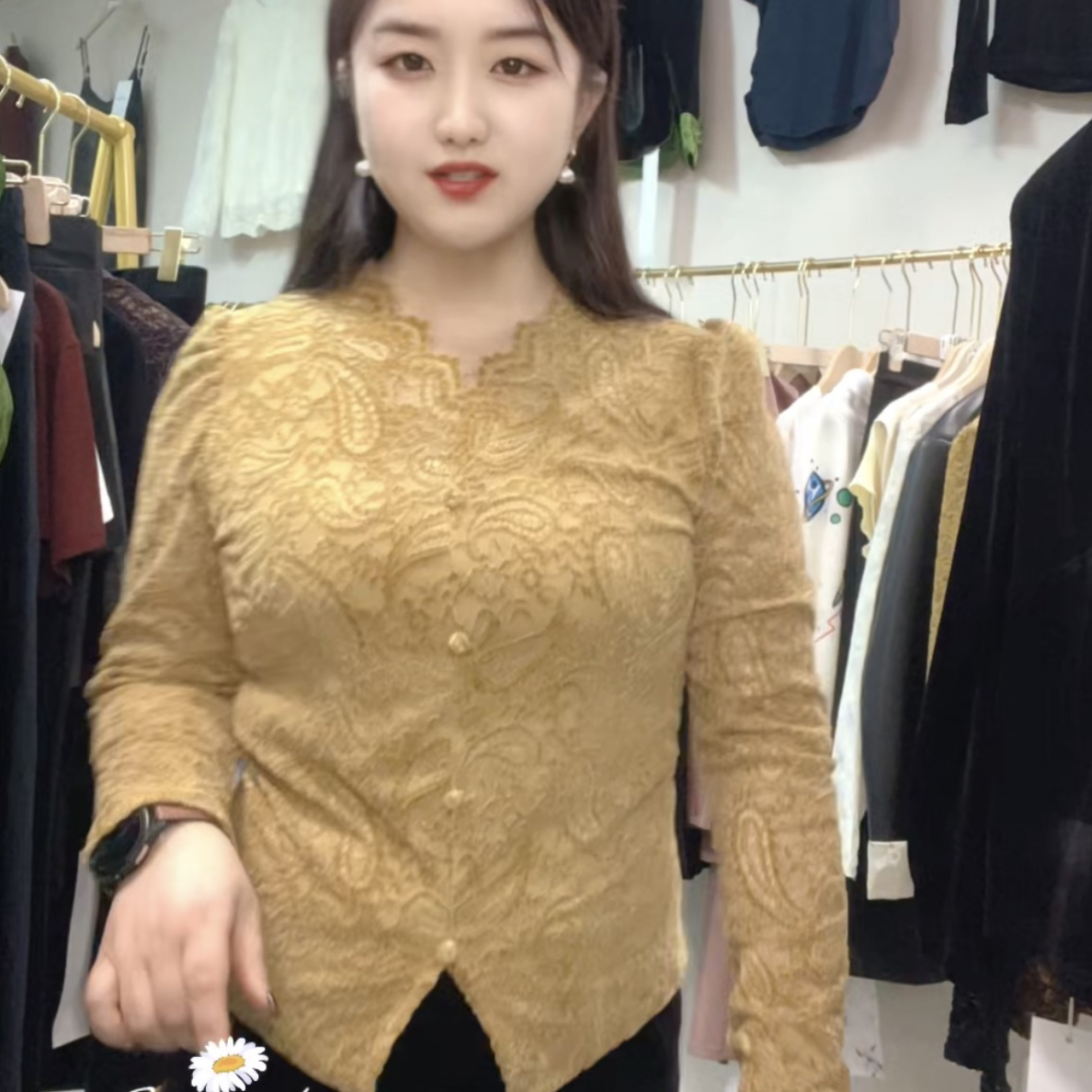 简约蕾丝提花版长袖衬衫女洋气显瘦百搭小衫上衣