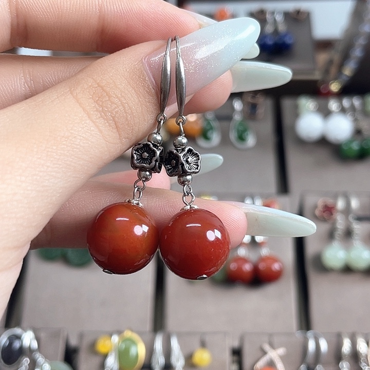 玛瑙/玉髓耳饰银S925镶嵌14左右