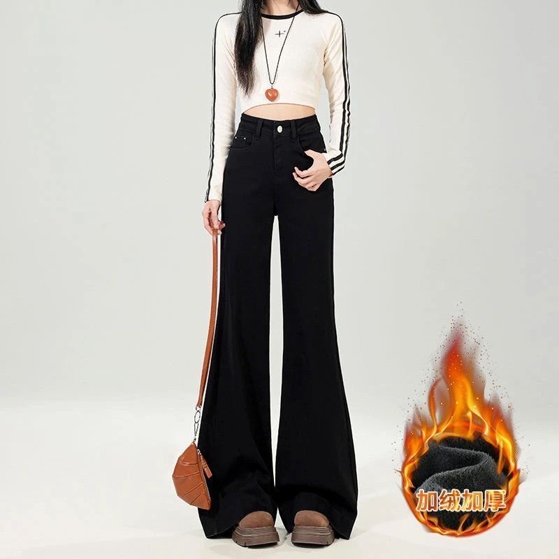 加绒不贴腿的微喇牛仔裤女高腰显高显瘦百搭秋冬加厚黑色喇叭裤