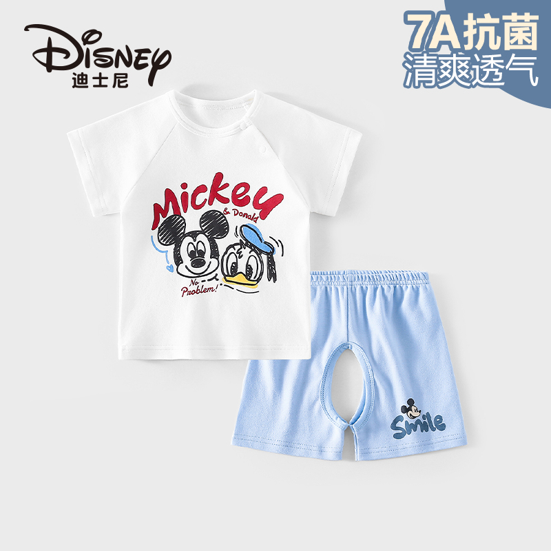 Disney/迪士尼宝宝短袖T恤夏季开裆裤套装透气轻薄纯棉婴儿家居服