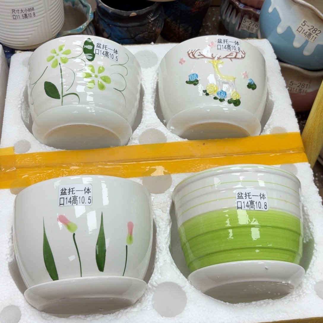 @夏西陶瓷花盆@@四个手绘