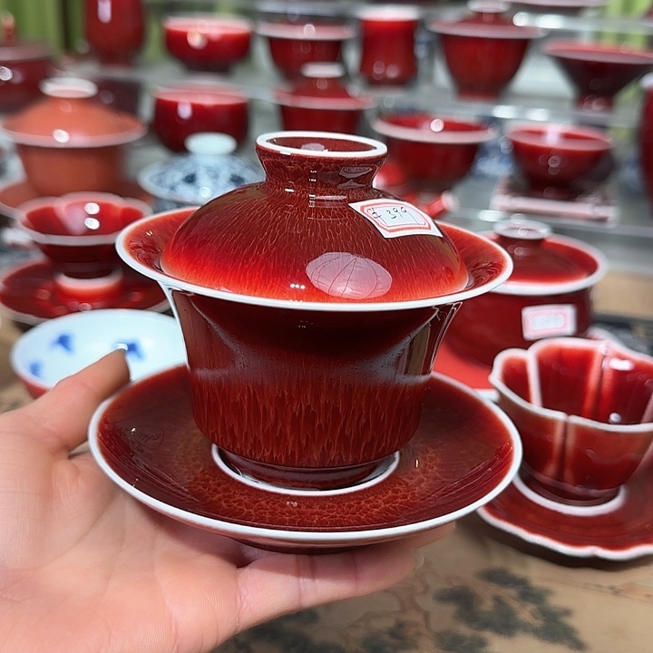 景德镇陶瓷红马坊盖碗