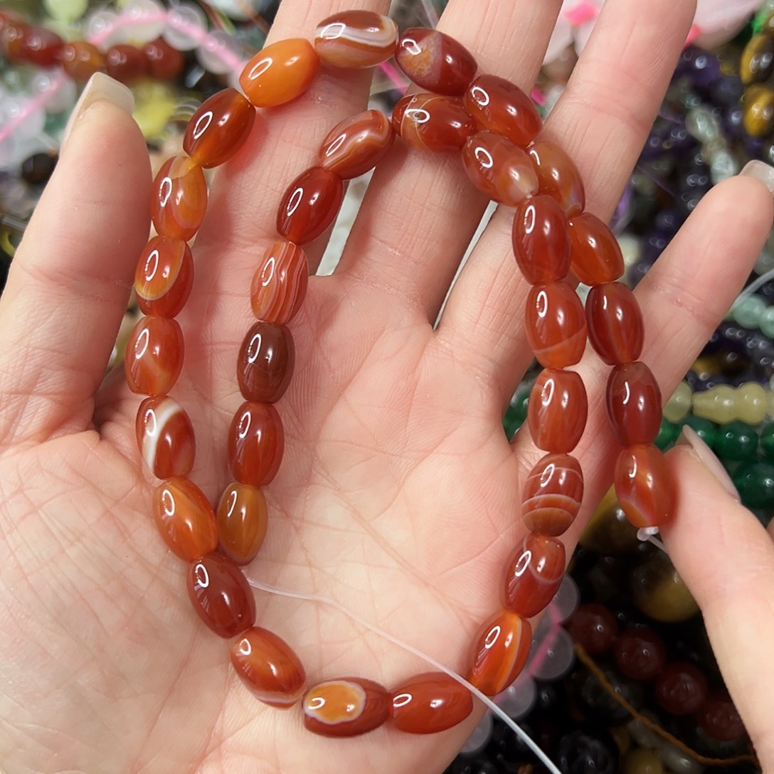 玛瑙/玉髓未镶嵌珠宝半成品，卡8x11玛瑙枣珠一条