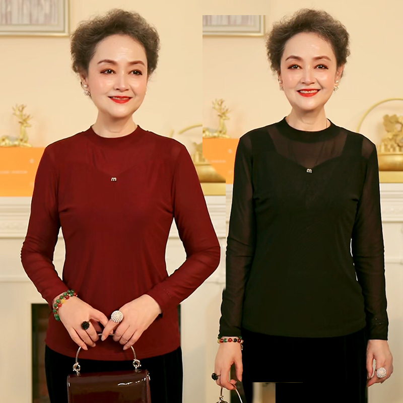 气质妈妈装秋装新款洋气打底衫中老年女装长袖秋季百搭圆领大码