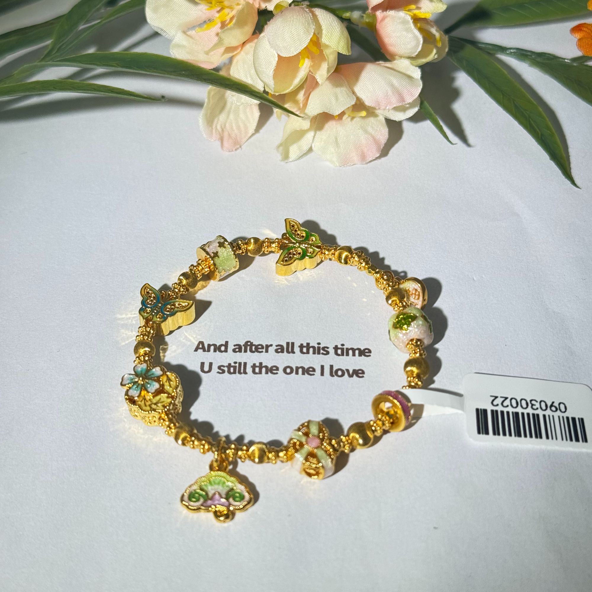 足金999珐琅彩花伞钱袋小蝴蝶手串  09030022