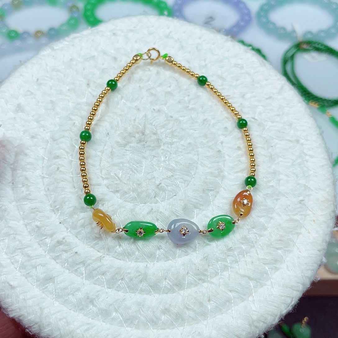 翡翠18K金镶嵌手链天然缅甸翡翠A货卡