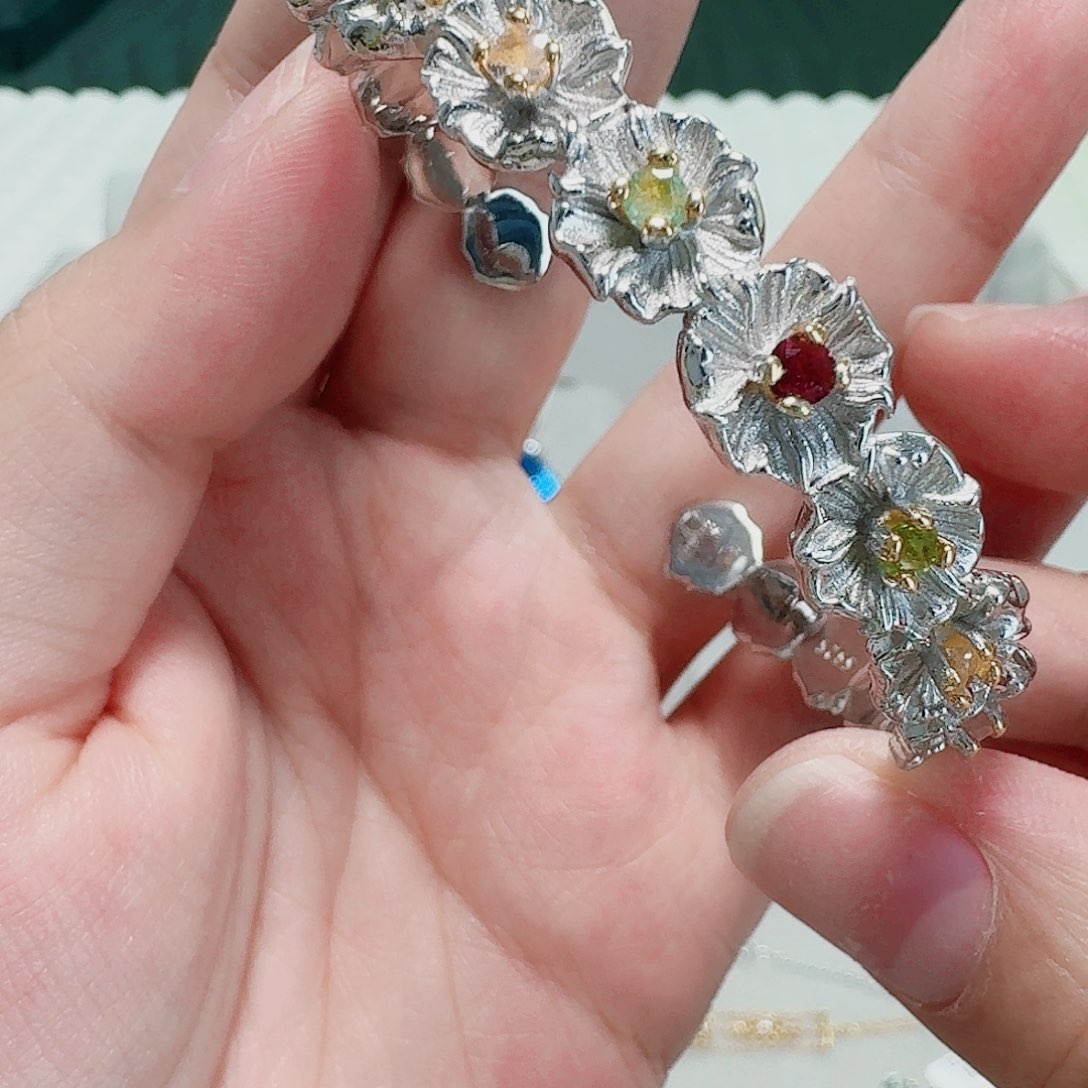 碧玺手镯银S925镶嵌手镯