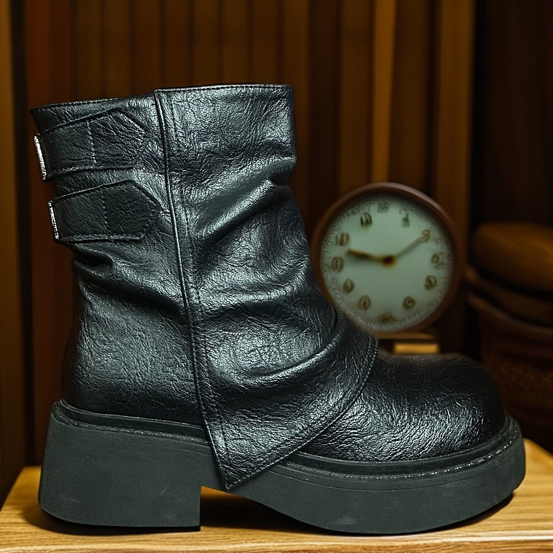 真皮加绒厚底马丁靴女2024冬季新款英伦风娃娃大头女棉靴增高短靴