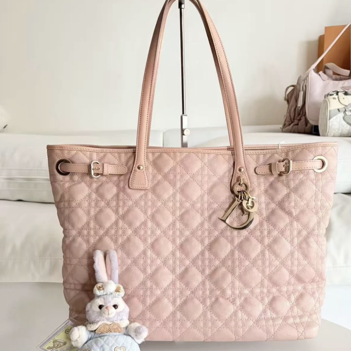 95新 DIOR/迪奥 95新 樱花粉菱格单肩托特包