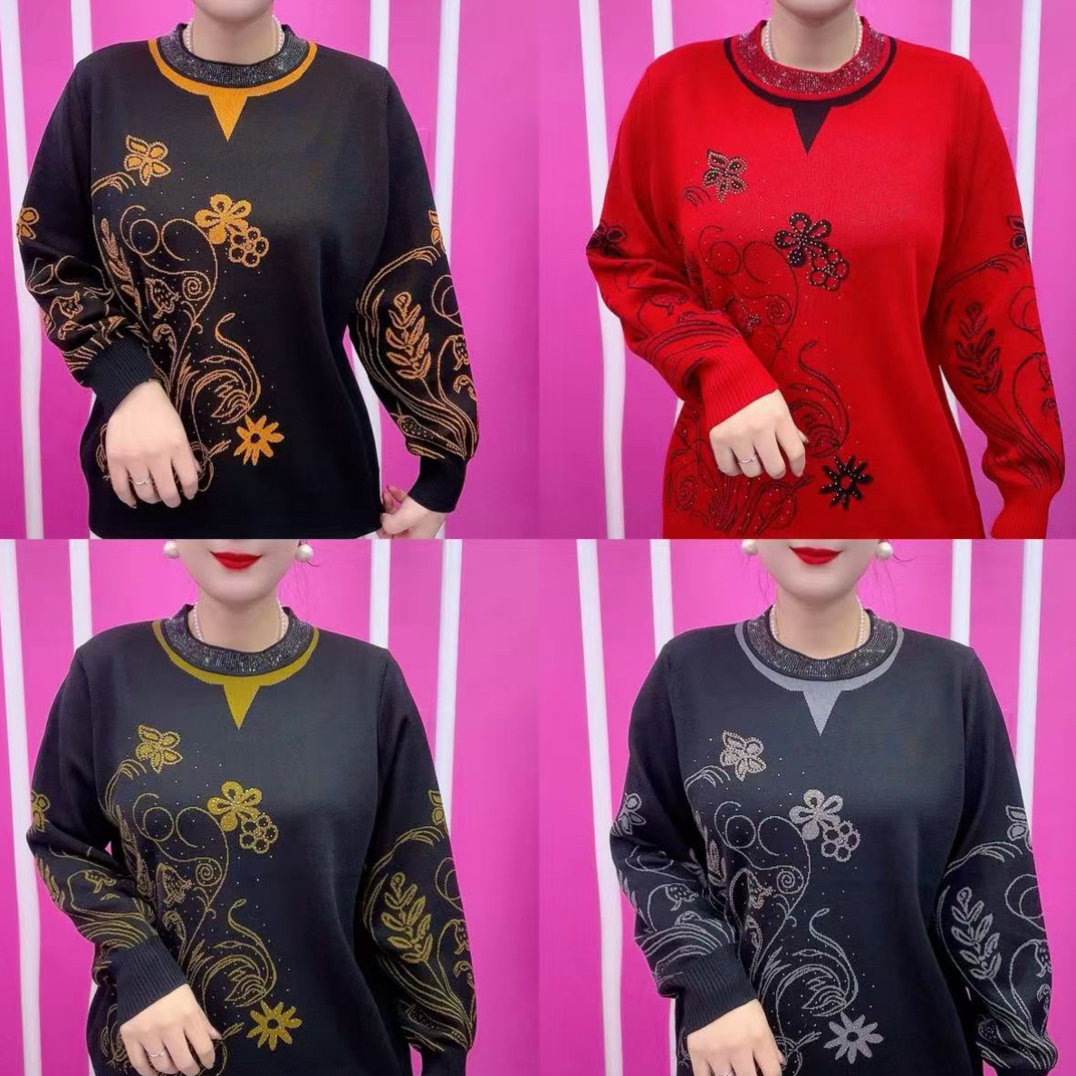 秋冬时尚潮流烫钻麦穗花套头针织衫