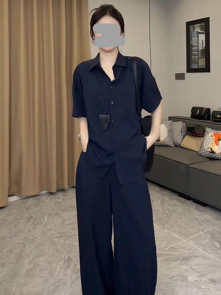 夏季新款老钱风宽松短袖衬衫女休闲阔腿裤两件套装纯色百搭显瘦