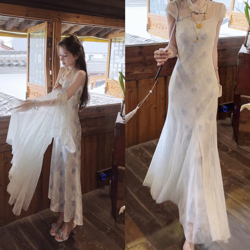 【婷婷】《金粉世家•牡丹亭》蕾丝薄纱缎面吊带国风旗袍套装TTH2SX550
