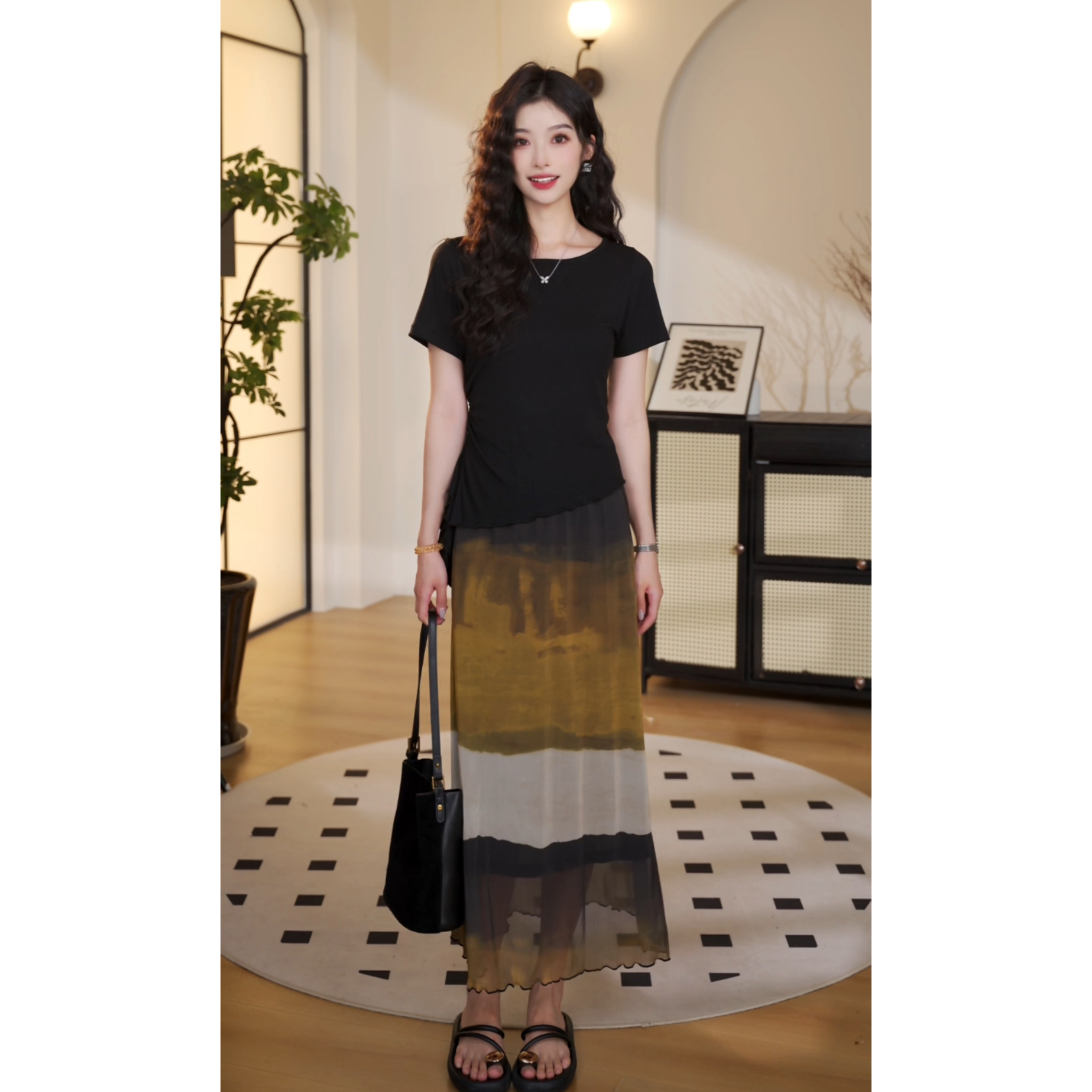 【琪琪】落日黄昏水墨拼接设计感高腰显瘦复古半裙