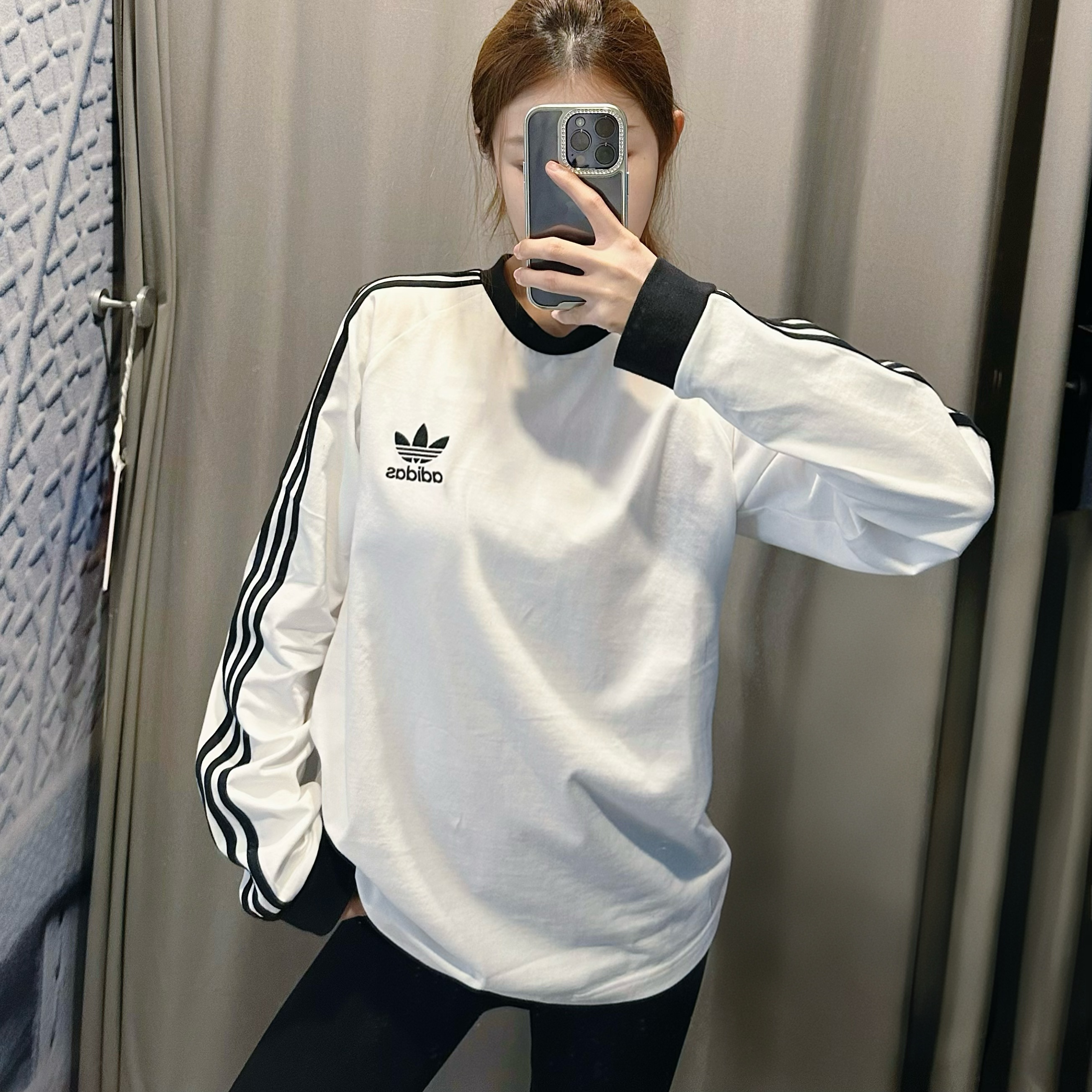 ADIDAS三条纹复古欧若风纯棉运动修身内搭长袖圆领T恤IA4877/79 X