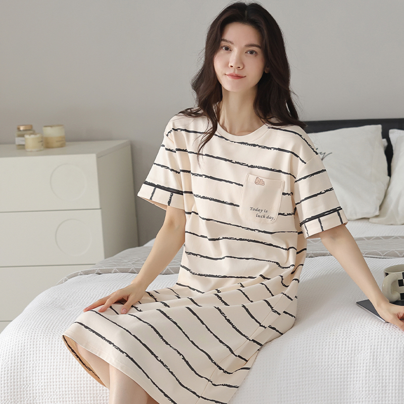 100%纯棉夏季女士睡裙带胸垫家居服短袖中长款韩版休闲条纹薄款