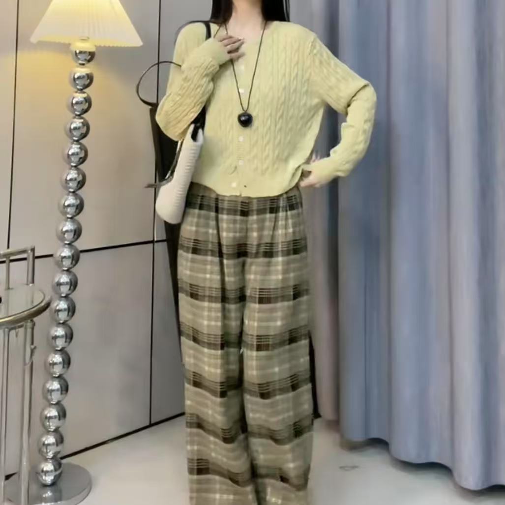 针织开衫毛衣格子阔腿裤两件套02419.(衣长53裤长102)