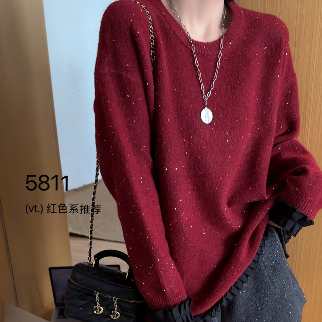 [ W i F i ]5811设计感百褶拼接中长款针织衫上衣(衣长74)