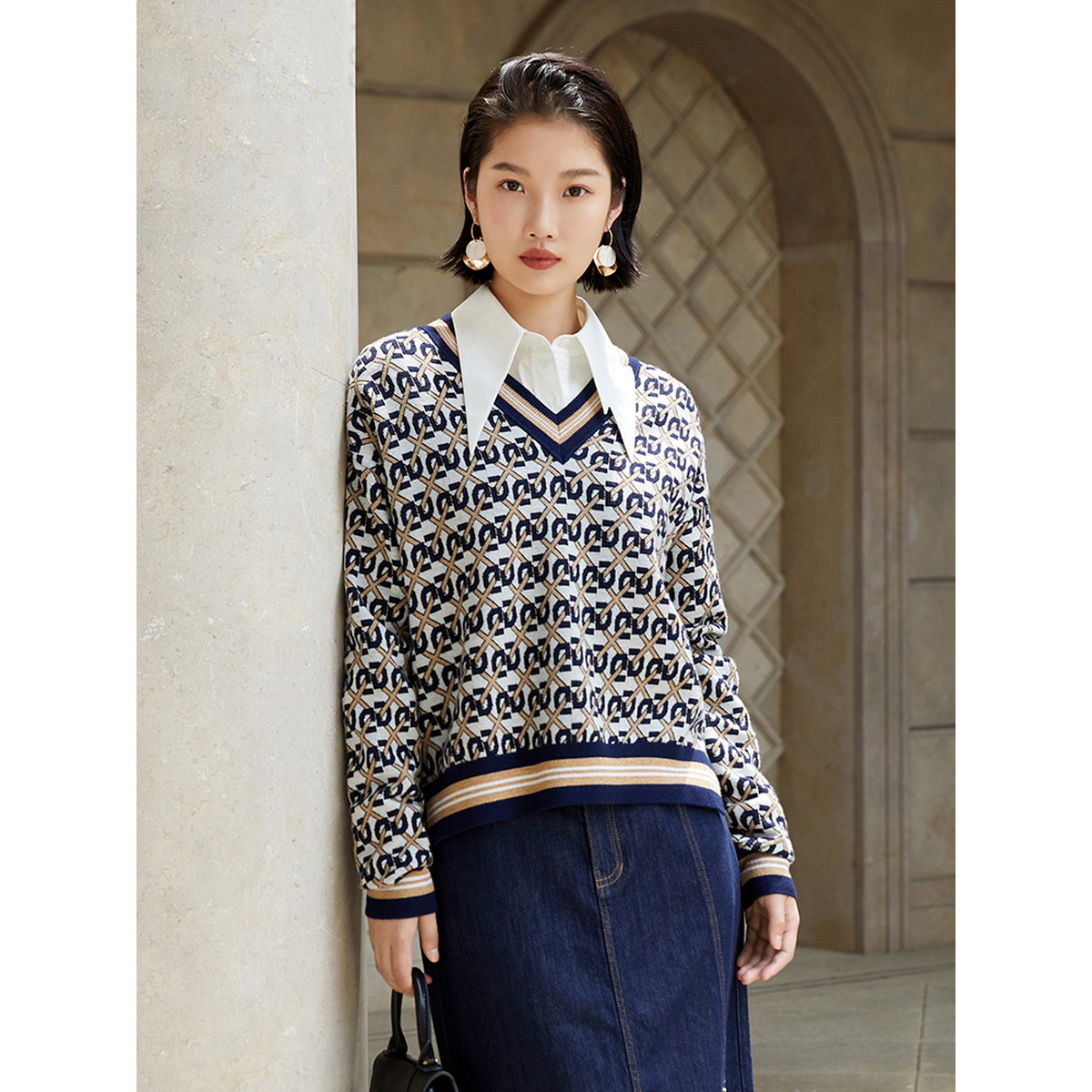 敦奴长袖毛衣几何格纹学院英伦风时尚DR372128