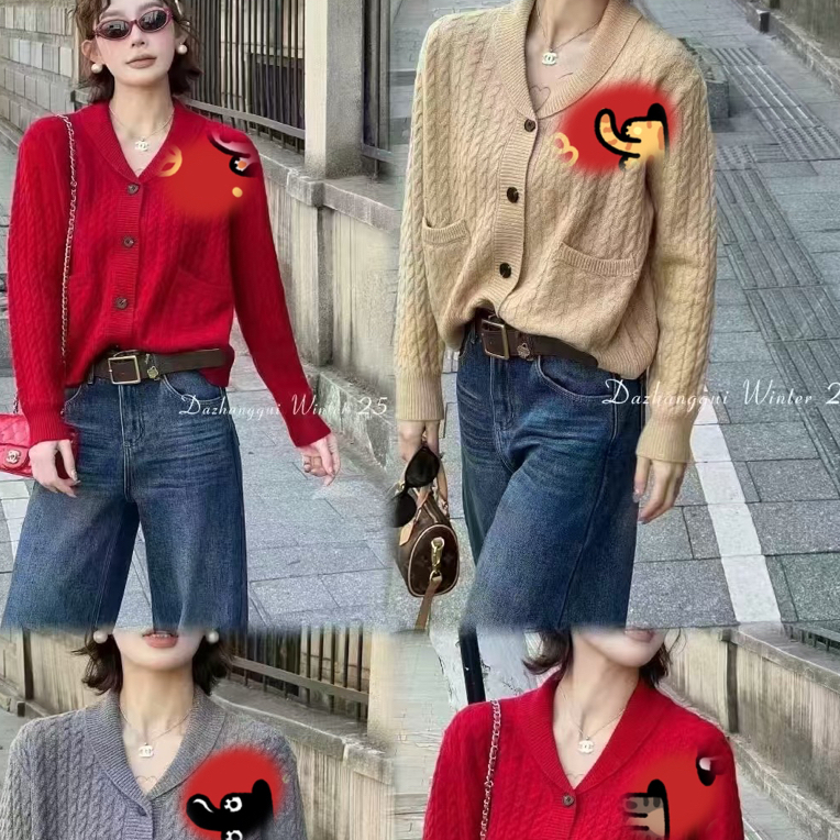 秋冬新款宽松百搭羊毛翻领麻花针织开衫女外套