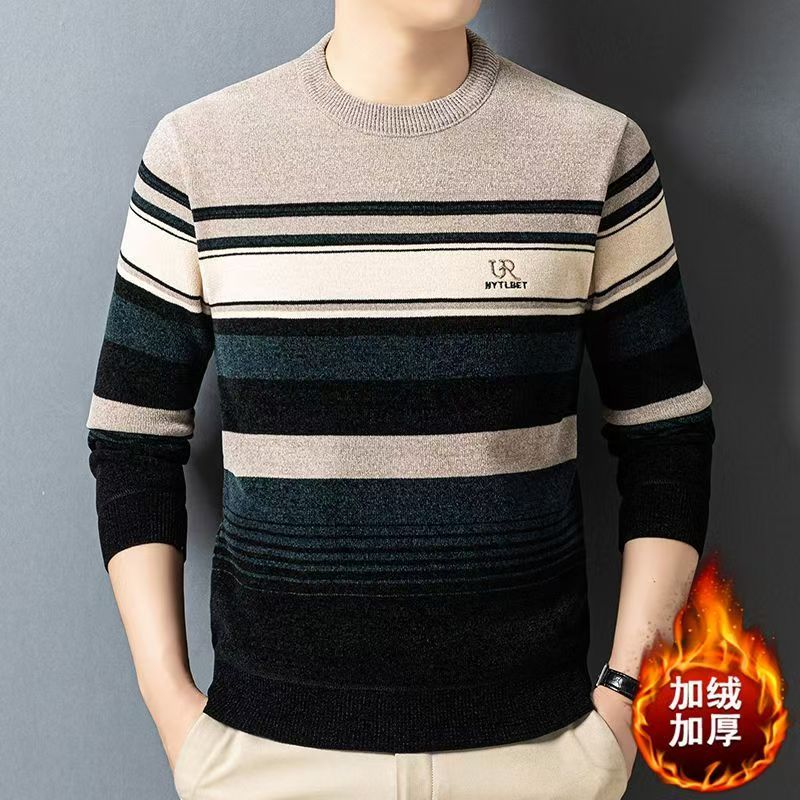 一体绒男雪尼尔毛衣秋冬条纹针织衫圆领商务休闲长袖加绒加厚保暖