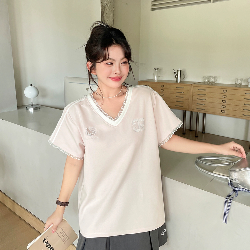 【现现专场】大码女装蕾丝镂空T恤胖mm刺绣V领正肩短袖夏季款式上衣