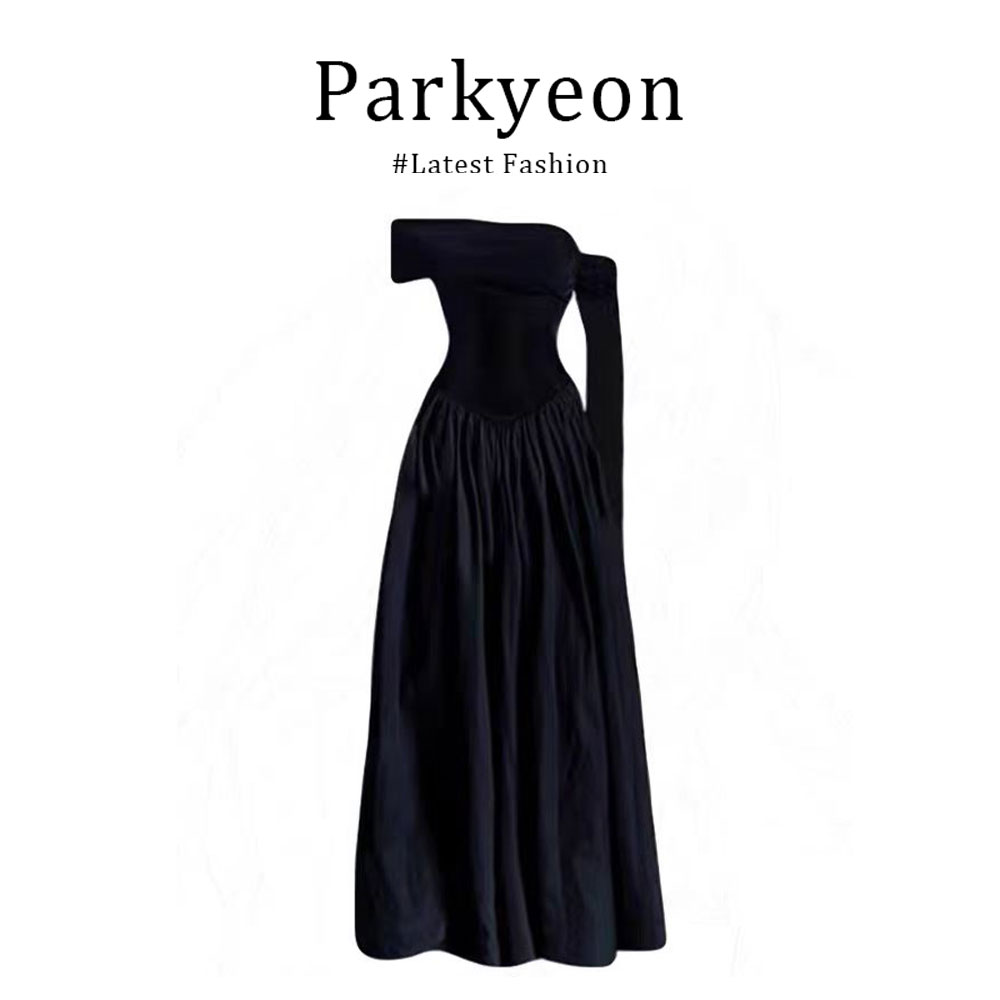 parkyeon法式赫本风时尚一字肩飘带夏显瘦御姐大裙摆黑色连衣裙子