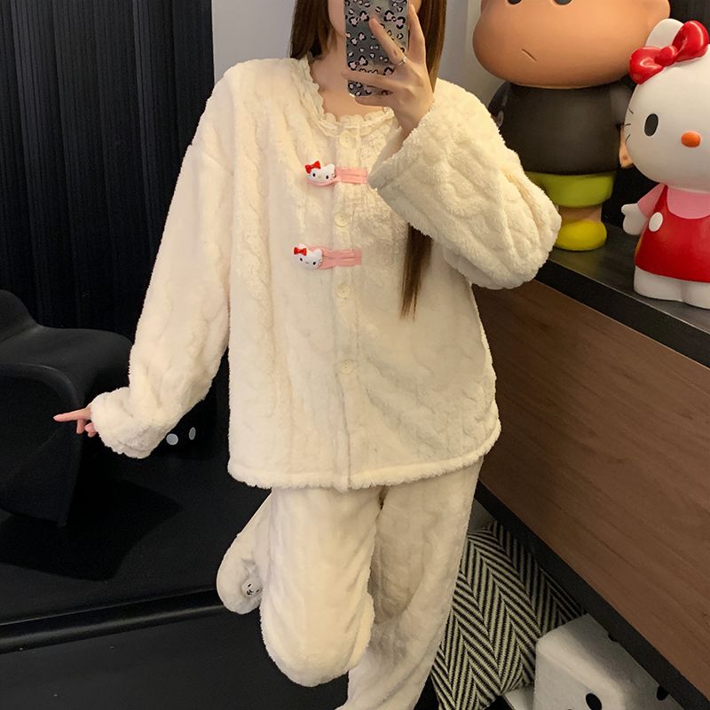秋冬季软乎乎珊瑚绒KT猫加厚加绒可爱风睡衣套装保暖家居服外穿款