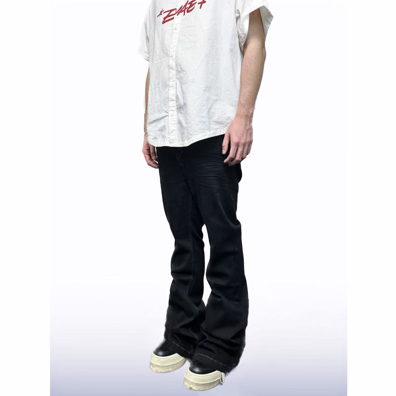 Candy4Luv 美式复古白线手工压皱机械裁剪微喇堆叠拖地牛仔裤