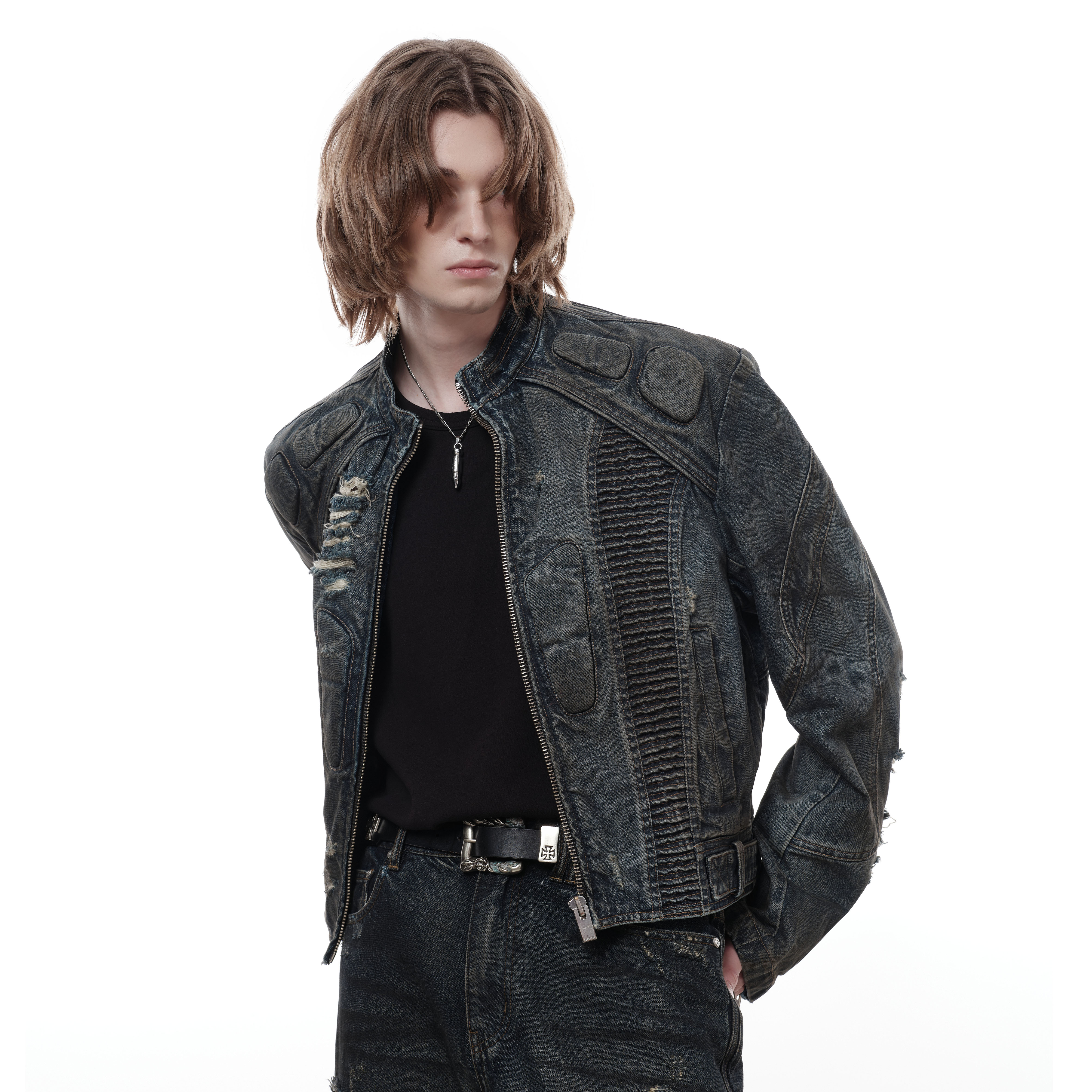 FACEONLAB 阿基拉牛仔机车服水洗擦色牛仔夹克