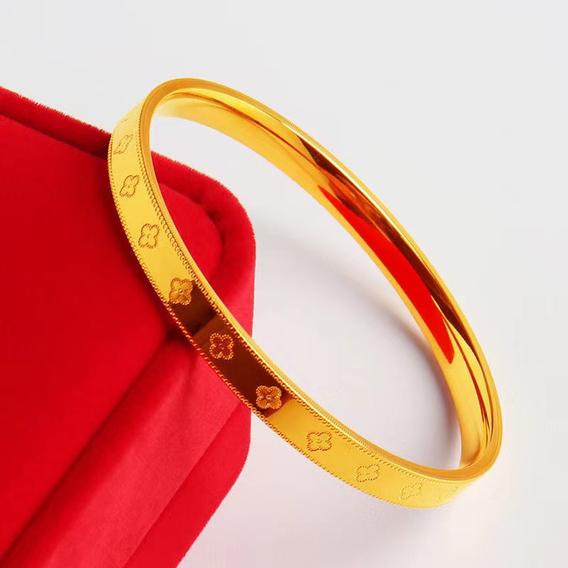 足银手镯 足银手镯 足银铸金亮面四叶草手镯经典精美百搭时尚气质