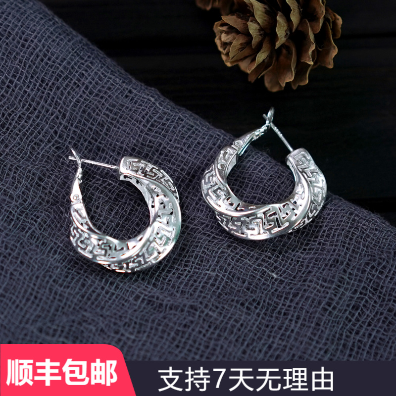  A94足银999耳钩气质复古民族风耳圈百搭重工小众耳饰