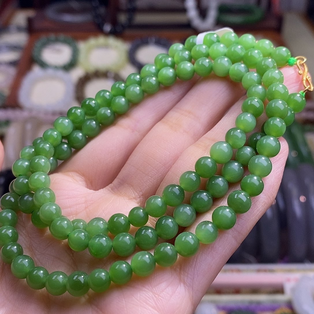 颈饰未镶嵌和田玉碧玉阳绿微猫毛衣链6m金镶