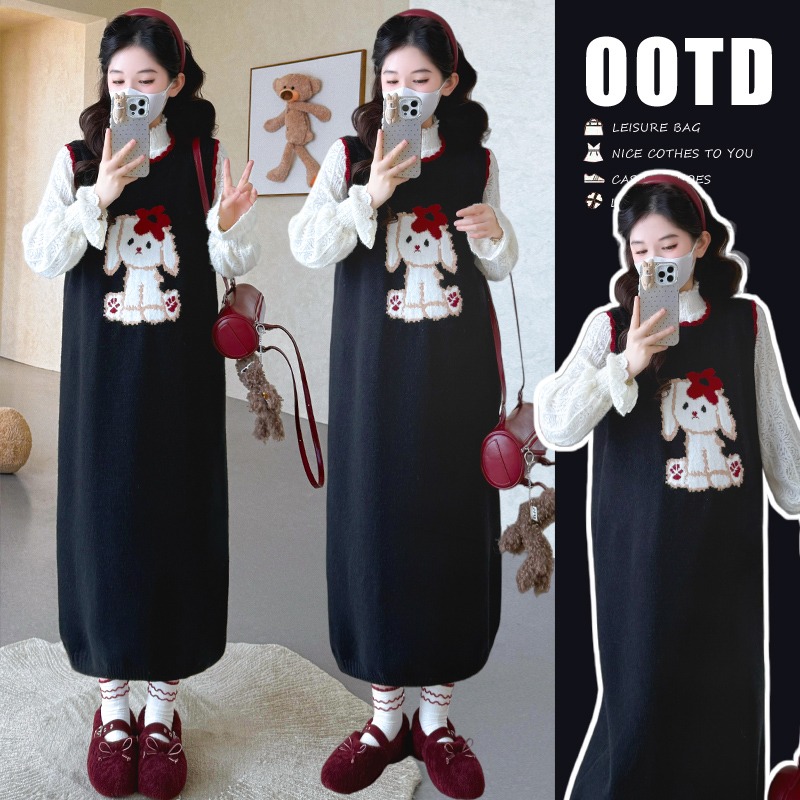 孕妇秋冬套装2025新款时尚连衣裙秋冬季毛衣背心裙蕾丝上衣两件套