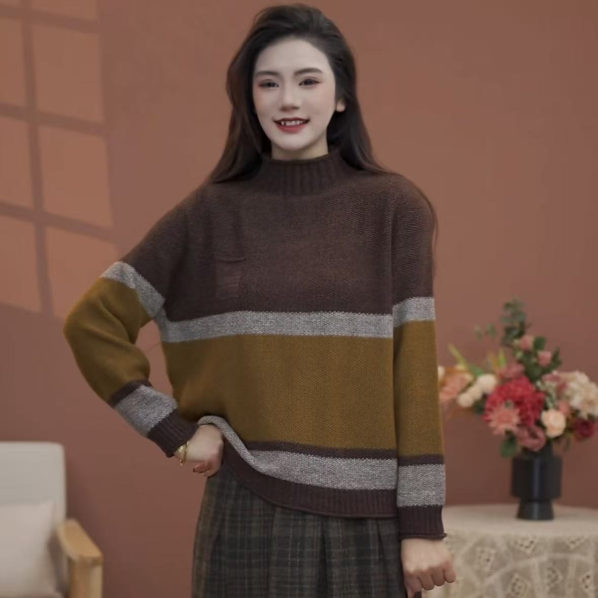 【曼迪芬妮】MY170针织彩条纹女宽松撞色套头复古条纹半高领毛衣