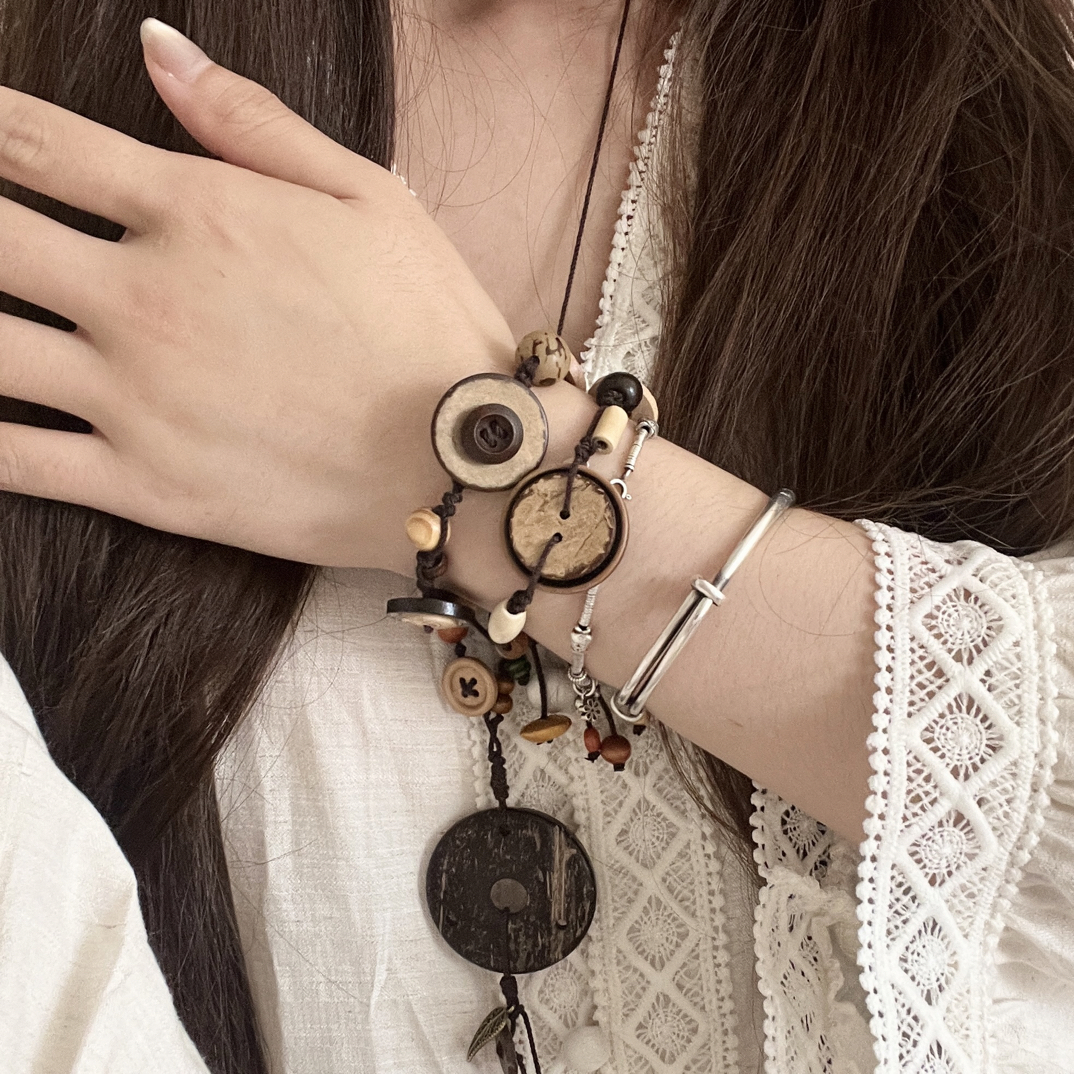 木质手链 复古手工编织纽扣手链波西米亚风格
