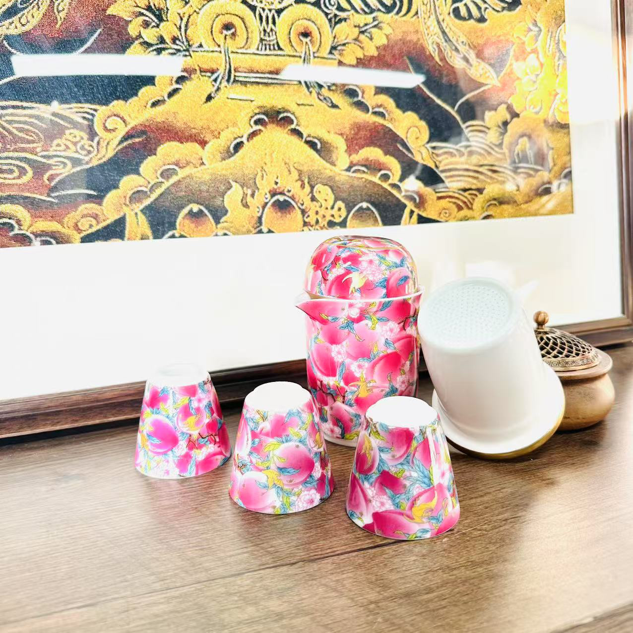 【闪购链接】羊脂玉满桃旅行茶具一壶四杯