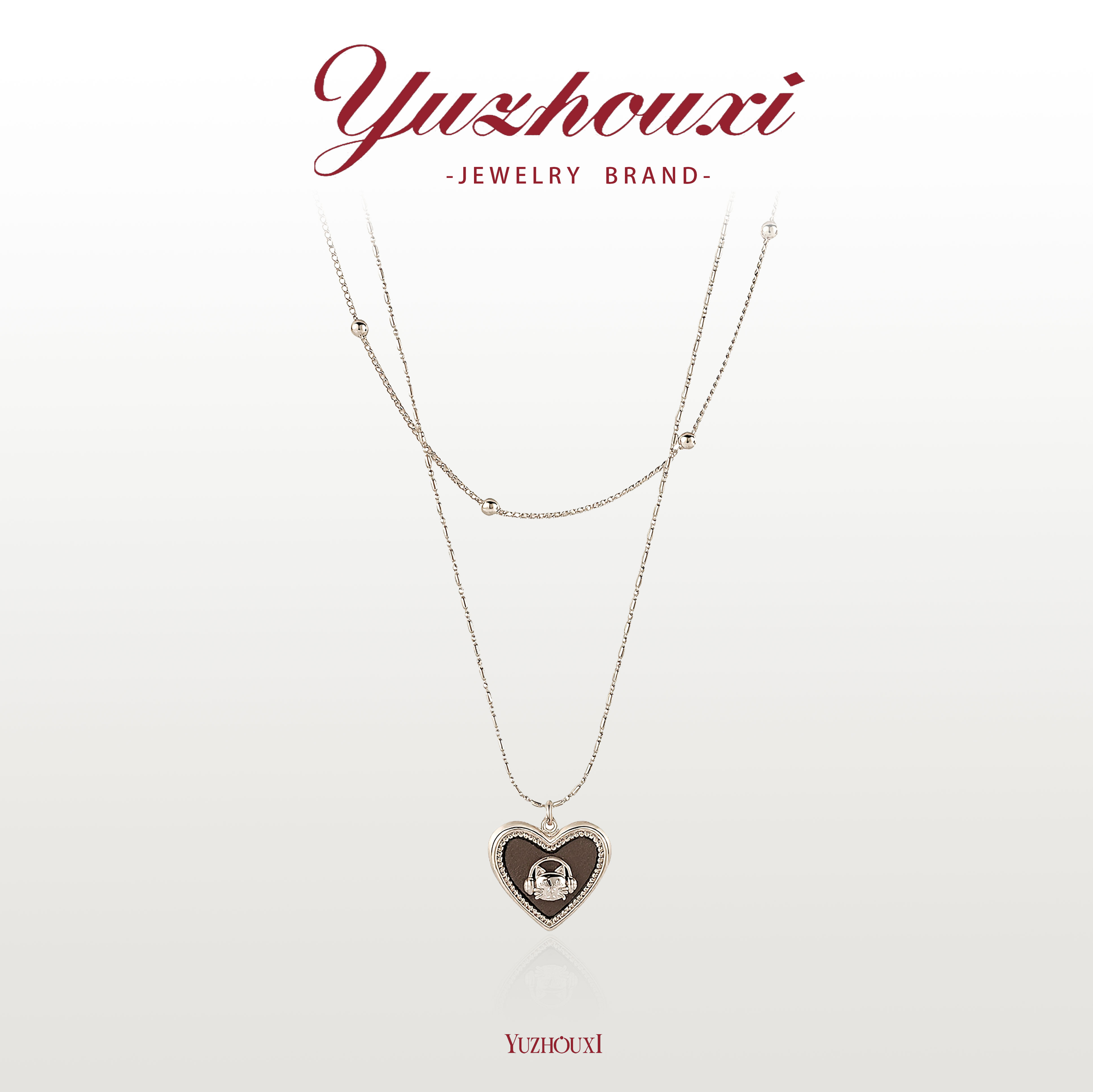 铜合金项链 H1-129【浅金色皮质爱心小猫双层项链】